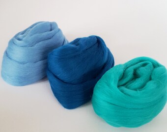 Wool set 60 g (97,50 Euro/1 kg) extra fine wool (merino wool) 19 micron, set with three colors Blue-Petrol Blue-Aqua Green each 20 g