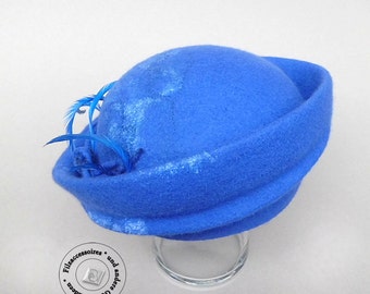 Hat with feathers, bridal hat, winter wedding accessories, mom of the bride hat, felted elegant designer hat royal blue, wool felt hat