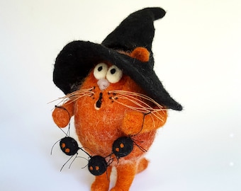 Wool needle felted cat in the Halloween costume with witch hat and spider, textile miniature cat figure, Fall Halloween decor