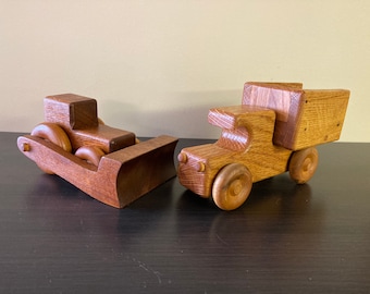 Handmade Wooden Toy Bulldozer & Dump Truck ~ Made of Oak and Mahogany ~ Handcrafted Folk Art