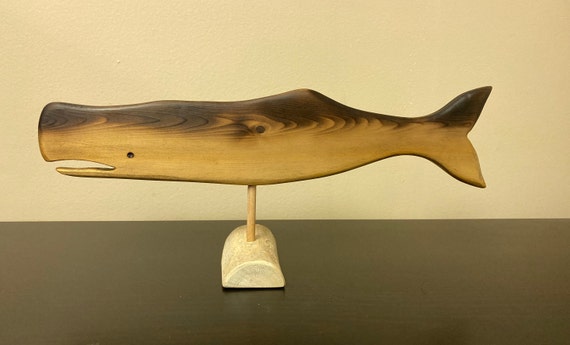 Wood Whale Carving on Driftwood Stand ~ Made of Cherry ~ Handcrafted Nautical Folk Art
