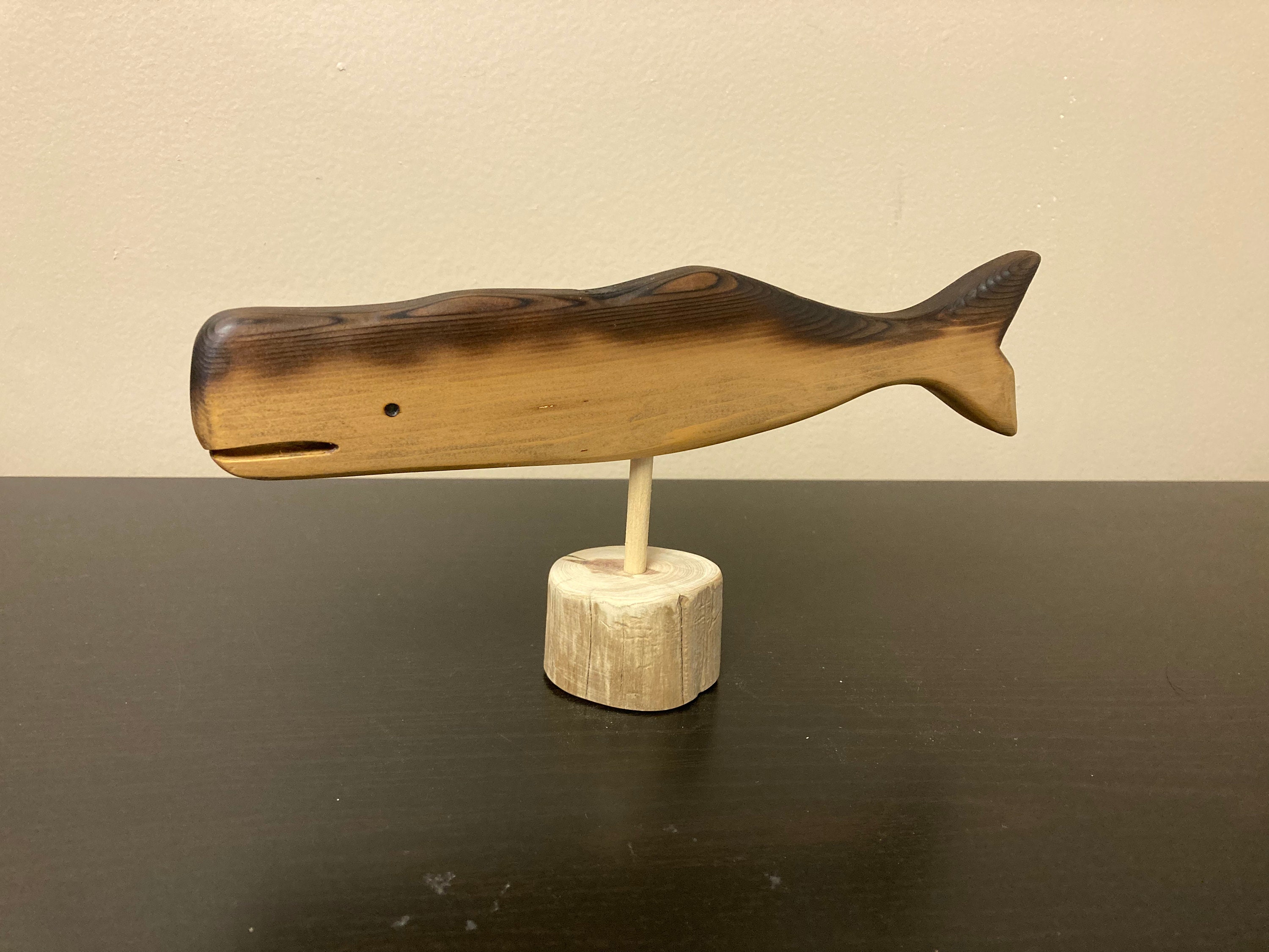 Wood Whale Carving on Driftwood Stand ~ Made of Cherry ~ Handcrafted Nautical Folk Art