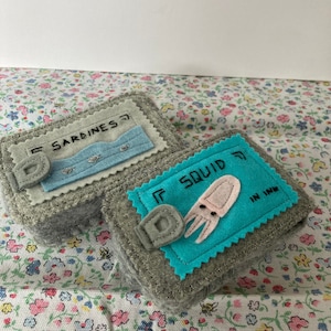 Handmade felt deli food tinned sardines or squid, Felt and crochet art, felt seafood