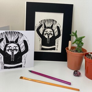 Handmade Demon Greetings card, Krampus craft card, Lino cut devil, halloween, linoprint demon, holiday gift