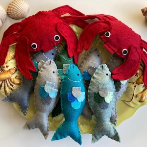 Felt embroidered fish, felt crab, plush fish, sealife, hand sewn