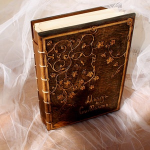 Personalized Wedding Album, Photo Album With Wooden Covers, Hand Carved Names, Floral Motifs, Wedding Ornaments, Custom Woodcarving Workart