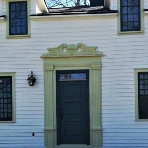 Pediment, Swan's neck style, entrance door art, front door; exterior door, woodcarving, house facade