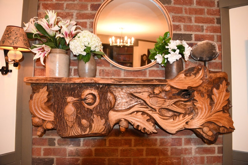 WOODPECKER'S FAMILY Woodpeckers at Home Wooden Mantel Shelf Fireplace