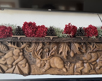 Bears with antlers; Woodcarving art; Oak leaves and Pine trees design; Mantel shelf, Someone with antlers