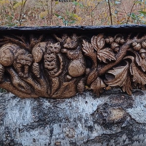 Raccoon&#39;s wild,Woodcarving art,Mantel shelf,Wall decor,Raccoons,Oak leaves,Mantle;Chimneypiece decor;Home decor and living;Hand made
