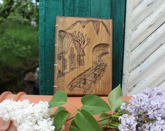 Railway station,Notebook with wooden covers,Hand made,Mountain,