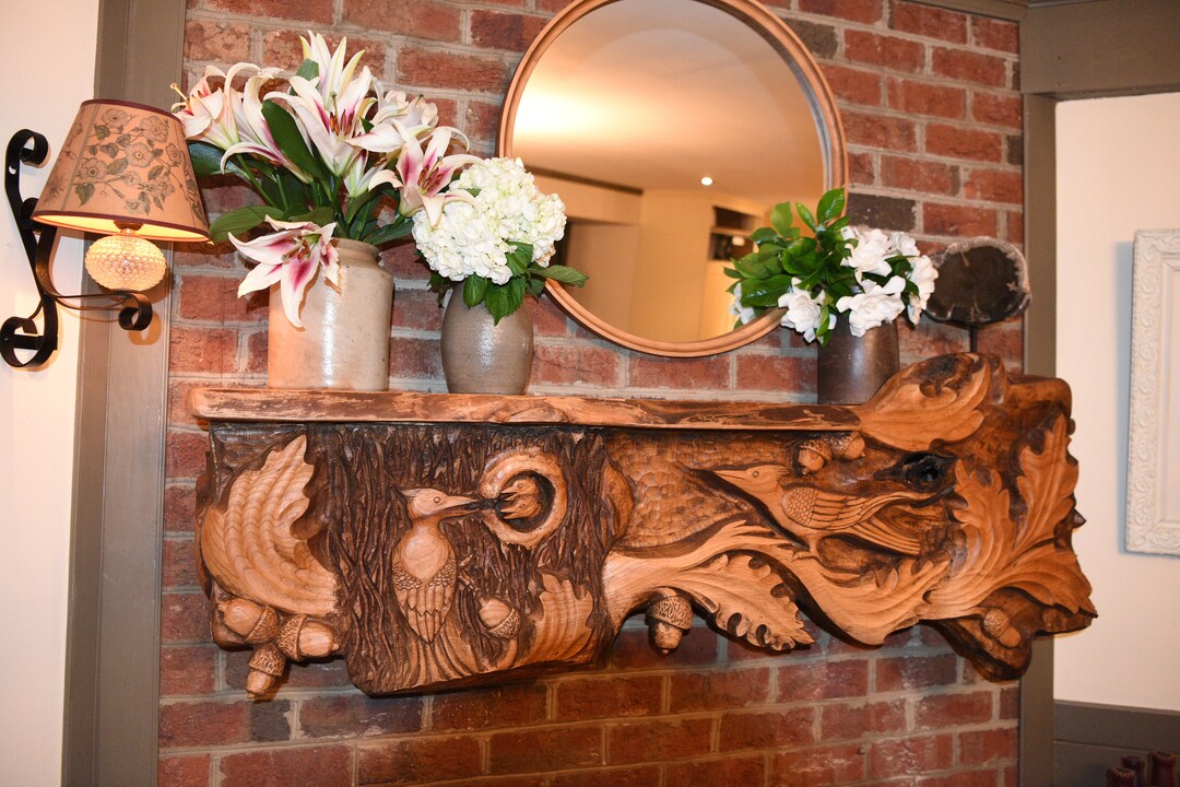 WOODPECKER'S FAMILY Woodpeckers at Home Wooden Mantel Shelf Fireplace Mantel Woodcarving Art