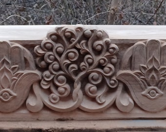 Mantel shelf with Jewish symbols; Fireplace mantel; Woodcarving; Hand made; Unique piece of wood