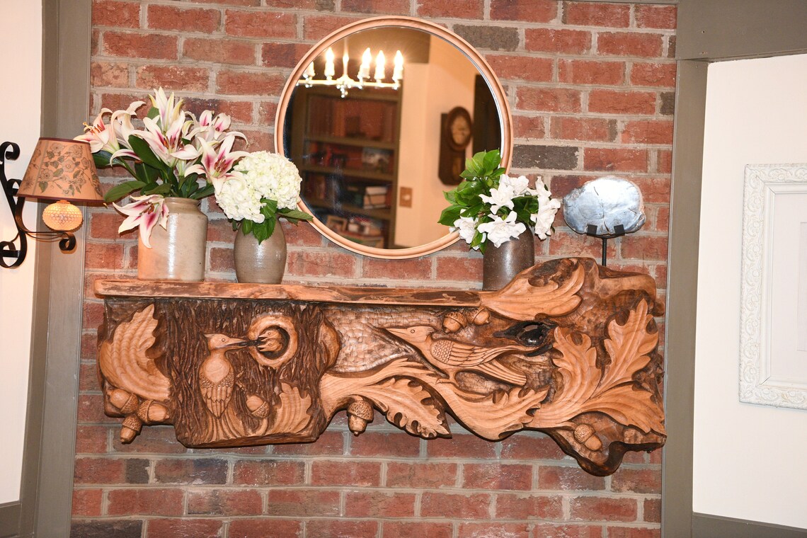 WOODPECKER'S FAMILY Woodpeckers at Home Wooden Mantel Shelf Fireplace Mantel Woodcarving Art