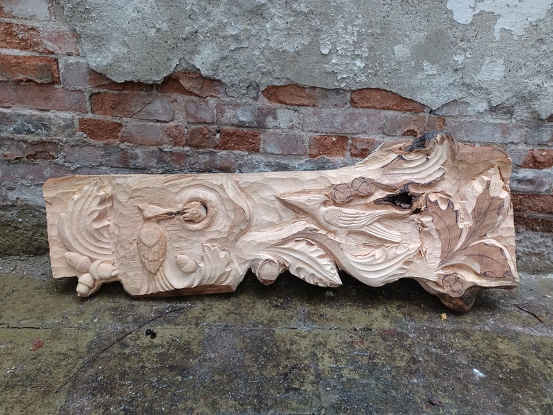 WOODPECKER'S FAMILY Woodpeckers at Home Wooden Mantel Shelf Fireplace Mantel Woodcarving Art