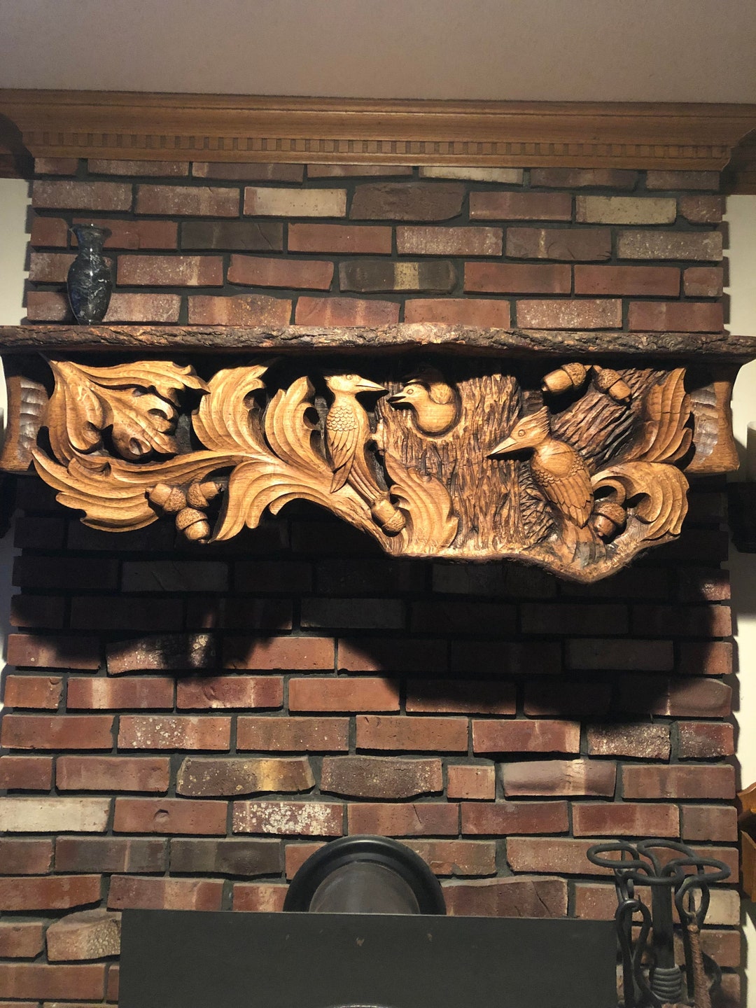 Woodpeckers at Home Wooden Mantel Shelf Fireplace Mantel Woodcarving Art Hand Carved