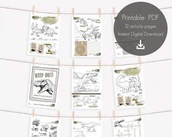 May include: Printable PDF download of 12 dinosaur-themed activity pages for kids. The pages include coloring, word searches, mazes, and more.  Download > Print at home > Play.