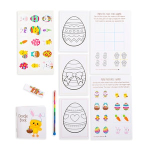 May include: Easter-themed coloring and activity set with a doodle book, coloring pages, stickers, and games. The set includes a mini memory game, a mini tic-tac-toe game, and coloring pages of eggs with different designs.