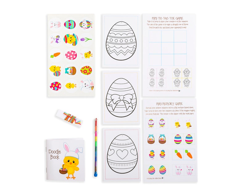 May include: Easter-themed coloring and activity set with a doodle book, coloring pages, stickers, and games. The set includes a mini memory game, a mini tic-tac-toe game, and coloring pages of eggs with different designs.