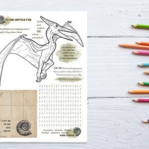 Op de afbeelding: Een printbare kleurplaat met een gedetailleerde lijntekening van een Pteranodon, een vliegende reptiel. De pagina bevat instructies voor het maken van een hangmobiel, een woordzoeker en een sectie om een fossielenafbeelding te kopi&euml;ren. De tekst op de pagina luidt "Flying Reptile Fun", "Maak voorzichtig een klein gaatje HIER om je lange dunne touwtje door te rijgen", "Kleur in, knip uit en vind een plek om je vliegende Pteranodon op te hangen", "Toptip: Fotokopieer deze pagina zo vaak als je wilt om een hele zwerm Pteranodons te maken om aan je plafond te hangen.  Dik karton is het beste om je Pteranodons te versterken", "Kopieer mij in het vakje hierboven", en "Woordzoeker".