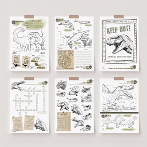 Op de afbeelding: Een set van zes printbare dinosaurus-thema activiteitenbladen voor kinderen. De bladen bevatten een woordzoeker, een doolhof, een kruiswoordpuzzel, een 'wie ben ik' spel, een kleurplaat en een 'verboden toegang' bord met een T-Rex.