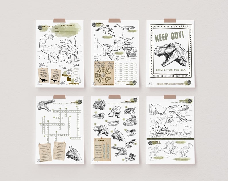Op de afbeelding: Een set van zes printbare dinosaurus-thema activiteitenbladen voor kinderen. De bladen bevatten een woordzoeker, een doolhof, een kruiswoordpuzzel, een 'wie ben ik' spel, een kleurplaat en een 'verboden toegang' bord met een T-Rex.