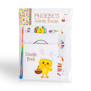 May include: A clear plastic package containing an Easter-themed activity bundle for kids. The package includes a doodle book with a chick wearing a bunny hat, a coloring page with a chick inside an egg, and a sheet of stickers. The package also includes a colorful marker.