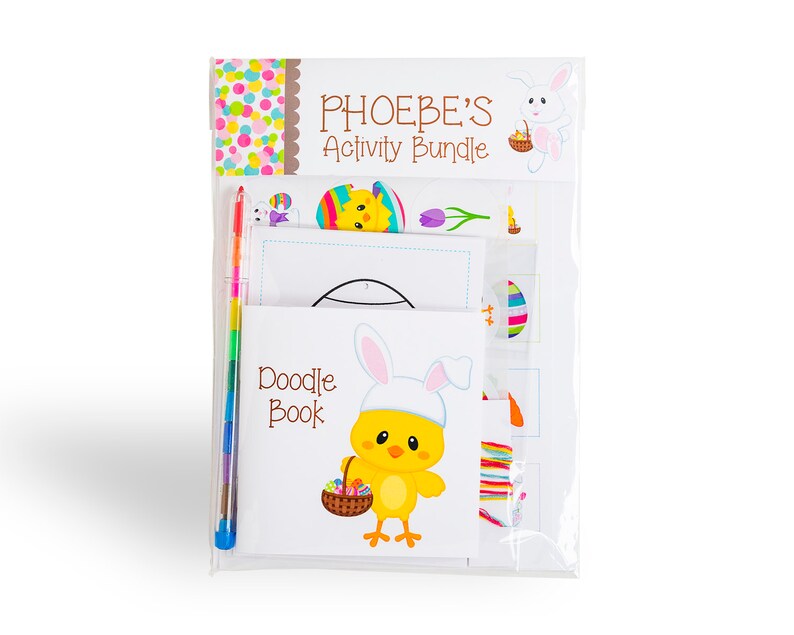 May include: A clear plastic package containing an Easter-themed activity bundle for kids. The package includes a doodle book with a chick wearing a bunny hat, a coloring page with a chick inside an egg, and a sheet of stickers. The package also includes a colorful marker.