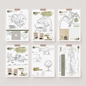 Op de afbeelding: Een set van zes printbare dinosaurus-thema activiteitenbladen voor kinderen. De bladen bevatten kleurplaten, woordzoekers, doolhoven en knip-en-speel activiteiten. De dinosaurussen zijn in zwart-wit getekend.