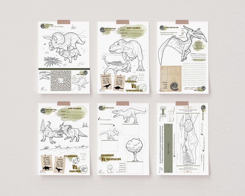 Op de afbeelding: Een set van zes printbare dinosaurus-thema activiteitenbladen voor kinderen. De bladen bevatten kleurplaten, woordzoekers, doolhoven en knip-en-speel activiteiten. De dinosaurussen zijn in zwart-wit getekend.