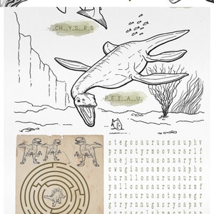 Op de afbeelding: Een zwart-witte printbare dinosaurus-activiteitenset voor kinderen. De set bevat een woordzoeker, een doolhof en een verbind-de-stippen-activiteit. De set bevat illustraties van verschillende dinosaurussen, waaronder een stegosaurus, een tyrannosaurus rex en een plesiosaurus.