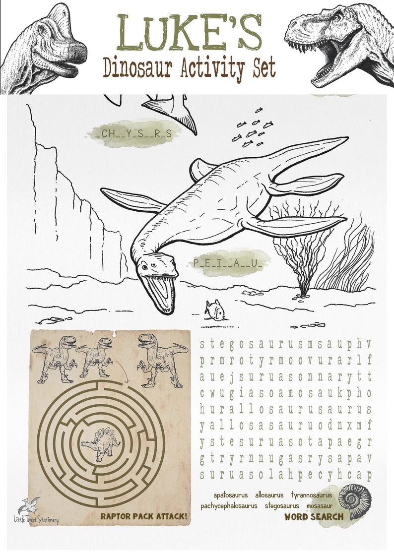 Op de afbeelding: Een zwart-witte printbare dinosaurus-activiteitenset voor kinderen. De set bevat een woordzoeker, een doolhof en een verbind-de-stippen-activiteit. De set bevat illustraties van verschillende dinosaurussen, waaronder een stegosaurus, een tyrannosaurus rex en een plesiosaurus.