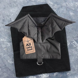 May include: Black bat costume for cats with a brown tag that says "All Cats Food".