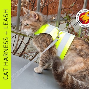 Op de afbeelding: Een kat draagt een geel en grijs veiligheidstuig en een riem. Het tuig heeft reflecterende strepen. De kat zit op een betonnen oppervlak. De tekst "TRAINING KIT CAT HARNESS + LEASH" staat op de achtergrond.