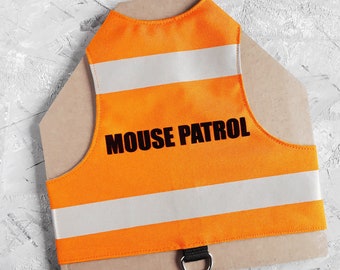 Mouse Patrol Orange harness with reflective stripes. Difficult to escape. Small and Large cats