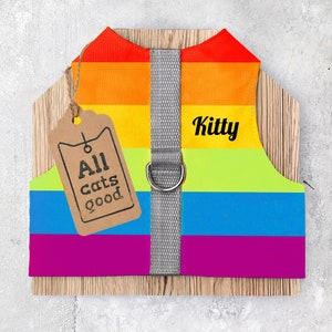 Personlig specialtillverkad vattenavvisande regnbågssele för katt med slitstark D-ring. HBTQ+ .Gay Pride .Kattungeväst