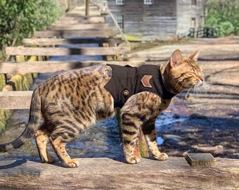 Personalized Classic tweed cat walking Jacket "Dark Kazuki". Difficult to escape. Harness with leather patch.  XS - XL sizes