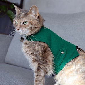 Ontsnappingsbestendig kattentuigje. Op maat gemaakt kittenvest. Groen wollen kattenwandeljack | ALLEMAAL: