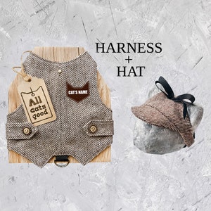 May include: A brown and white tweed cat harness with a brown leather patch that says "Cat's Name" and a brown tag that says "All cats good". A brown tweed cat hat with a brown ribbon is also included. The harness and hat are displayed on a wooden background.