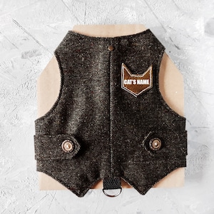 Veste de marche classique en tweed personnalisée pour chats avec le nom de votre chat. Harnais avec empiècement en cuir. Fait sur mesure. Gilet fait main. Anti-fuite