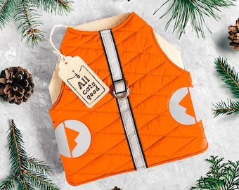 Neon orange High visibility Warm Cat harness with reflective elements.  Quilted kitten vest. Autumn Fall Winter | ALLCATSGOOD