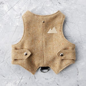 Op de afbeelding: Een bruin herringbone hondenvest met een kleine bergpatch. Het vest heeft twee nepzakken met zilveren drukkers en een zwarte D-ring voor het bevestigen van de lijn. Het vest is gemaakt van een tweed-achtig materiaal.
