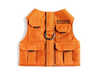 Orange Fishing vest. Custom-made Water-repellent Cat Harness with Pockets for GPS-tracker and Durable D-Ring. Handmade Kitten Vest