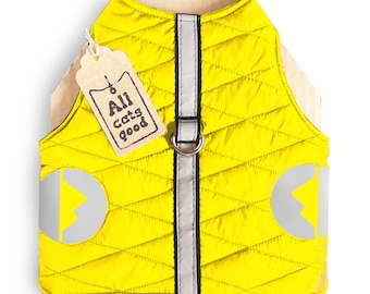 Yellow Warm Cat harness with reflective elements.  Quilted kitten vest. Autumn Fall Winter | ALLCATSGOOD