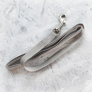 May include: A gray dog leash with a silver clip. The leash is made of a woven material and is folded in half.