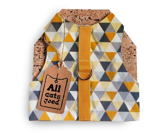 Escape proof yellow-gray custom made cotton cat carness. Summer collection. Handmade Vest | ALLCATSGOOD