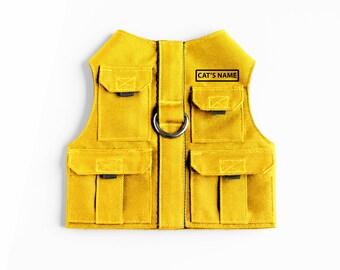 Yellow Fishing vest. Custom-made Water-repellent Cat Harness with Pockets for GPS-tracker and Durable D-Ring. Handmade Kitten Vest