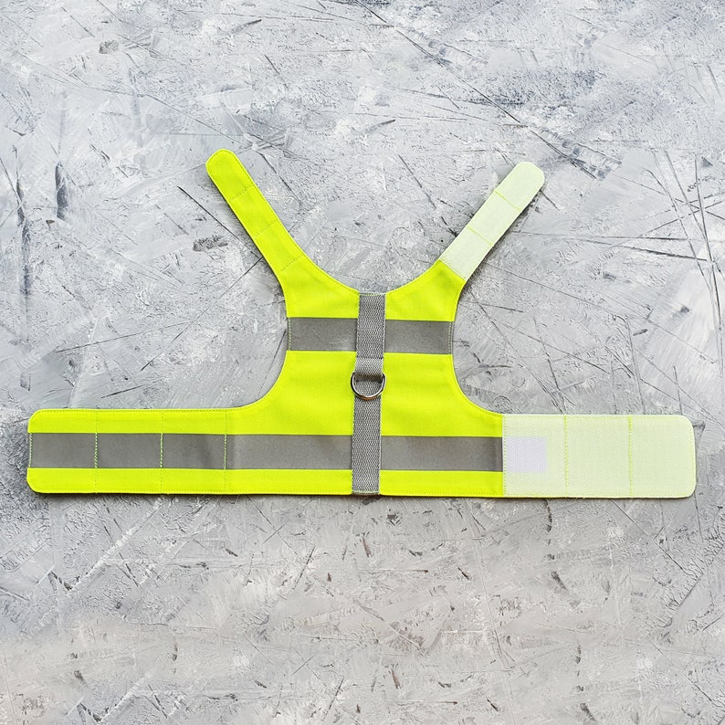 May include: A bright yellow safety vest for dogs with reflective strips and a silver metal D-ring. The vest has a light green trim.