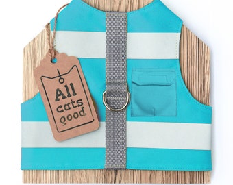 Cat and kitten harness. Turquoise water-repellent with reflective strips and Pocket for gps-tracker. Difficult to escape  | ALLCATSGOOD