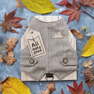 Kitten vest with patch Classic Tweed Cat Harness Escape Proof Custom made | ALLCATSGOOD Handmade Vest